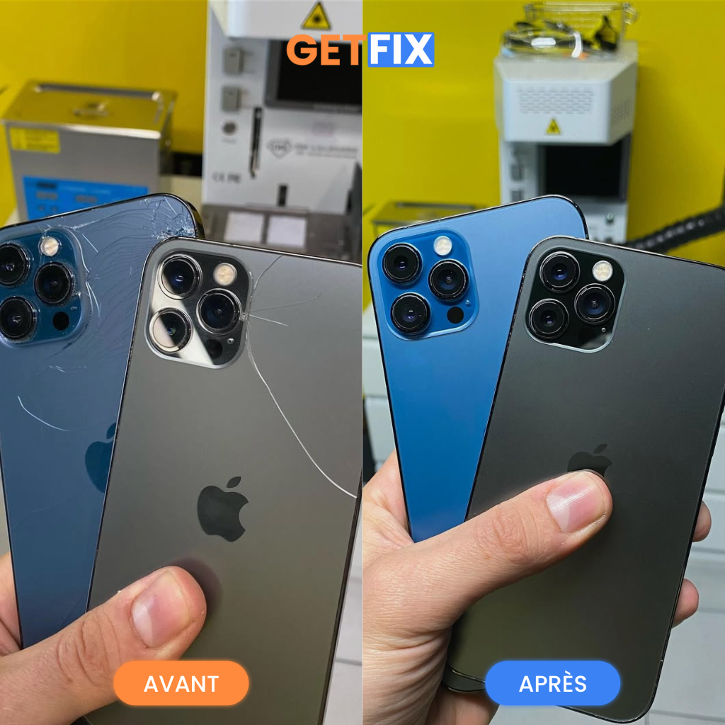 Réparation face arrière iPhone Getfix Jodoigne avant après résultat optimal