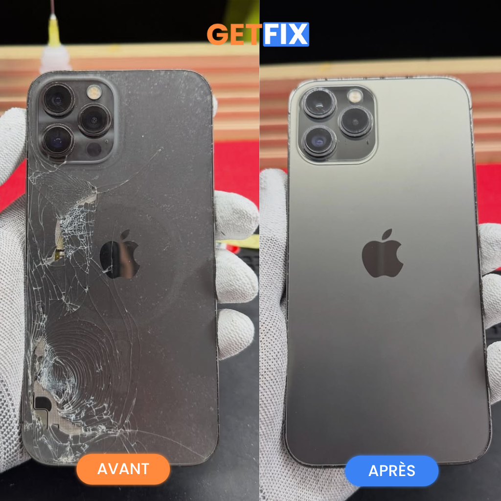 Avant après réparation face arrière iPhone 12 Pro Max getfix jodoigne